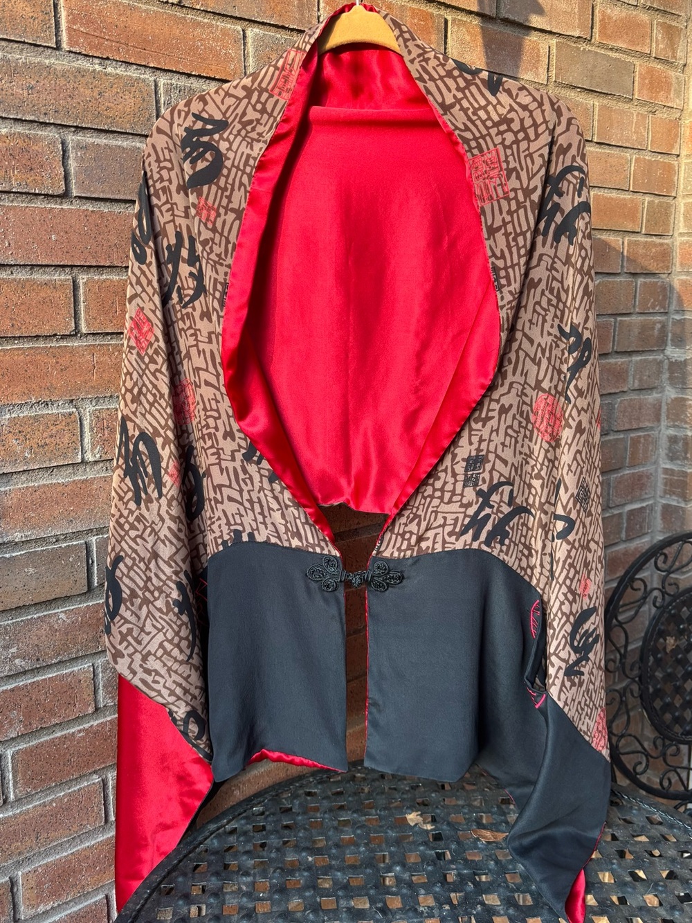 Brown Asian Inspired Patterned Scarf/Wrap, 100% Silk, Red Silk Charmeuse